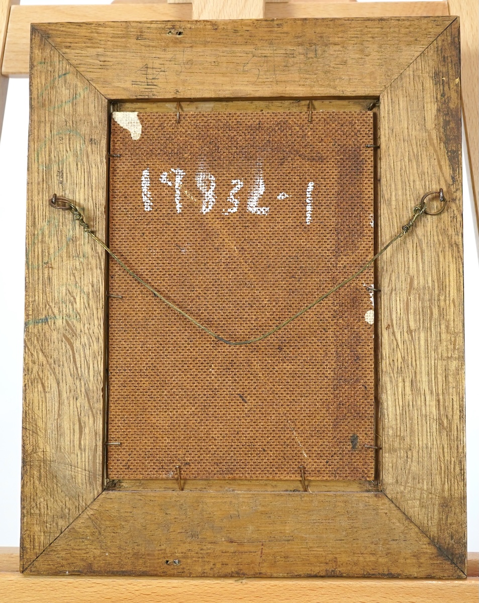 Joan Gilchrest, 1918-2008, A woman seated beside a table with a potted flower, a coastal view behind her
